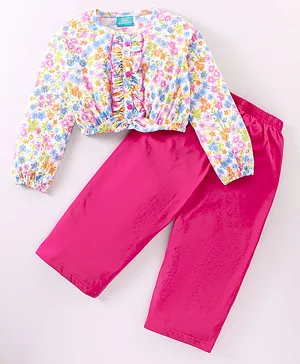 Tiara Full Sleeves Flower Printed & Ruffle Detailed Top With Solid Pant Set  - Pink