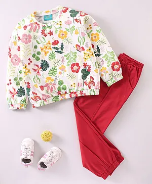Tiara Full Sleeves Floral Printed Fleece Tee &  Jogger Set - Red