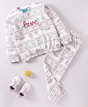 Tiara Christmas Theme Full Sleeves  Snowflakes Designed And Love Text Embroidered Tee With Coordinating Winter Jogger Set - Red & White