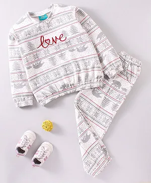Tiara Christmas Theme Full Sleeves  Snowflakes Designed And Love Text Embroidered Tee With Coordinating Winter Jogger Set - Red & White