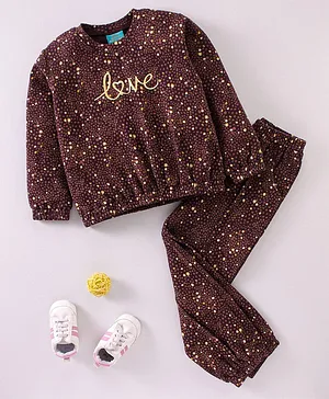 Tiara Full Sleeves  Abstract Designed And Love Text Embroidered Tee With Coordinating Winter  Jogger Set - Brown