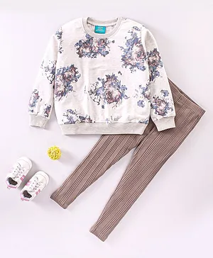 Tiara Full Sleeves Vintage Floral Printed Sweatshirt With Striped Leggings - Brown