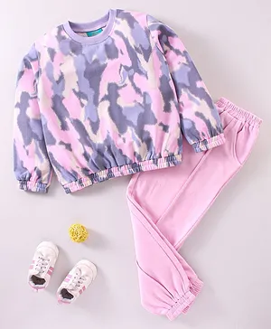 Tiara Full Sleeves Abstract Printed Fleece Sweatshirt & Jogger Set - Pink
