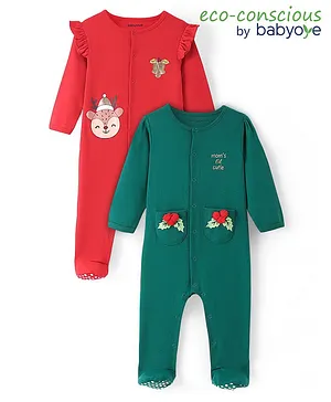 Babyoye Eco Concious 100% Cotton with Eco Jiva Finish Full Sleeve Nightsuit Christmas Theme Pack of 2 - Red & Dark Green