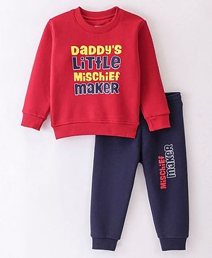 Bodycare Cotton Fleece Knit Full Sleeves Winter Wear Suit Text Print - Red & Navy Blue
