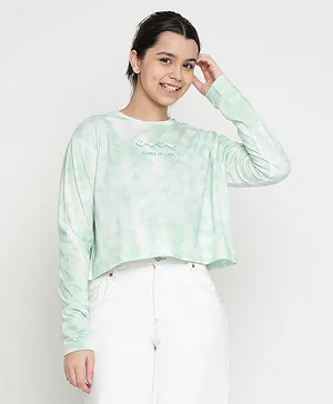 Lil Tomatoes Full Sleeves Pastel Tie & Dye & Waves Of Life Embroidered Top - Light Green