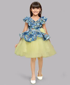 PinkChick Cap Sleeves Frill Detailed & Seamless Doodle Art Printed Peplum Style Dress - Blue