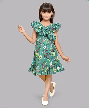 PinkChick Cap Sleeves Frill Detailed & Seamless Floral Printed A Line Dress - Green