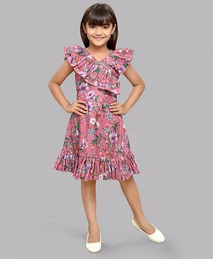 PinkChick Cap Sleeves Pleated Neckline Detailed & Seamless Floral Printed A Line Dress - Pink