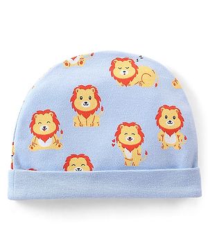 Babyhug 100% Cotton Knit Lion Print Cap - Blue