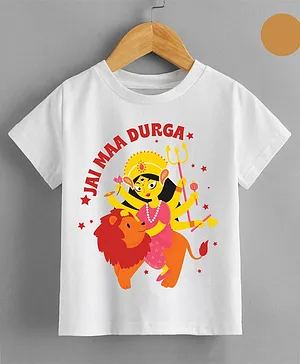 KNITROOT Navratri Theme Half Sleeves Jai Maa Durga Text Printed Tee - White