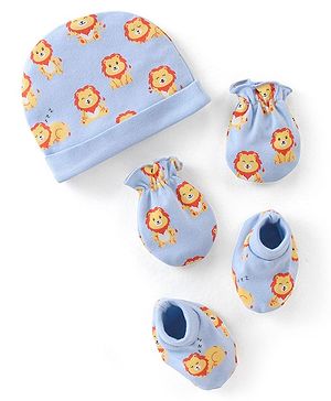 Babyhug 100% Cotton Knit Cap Mittens & Booties Set with Lion Print - Blue