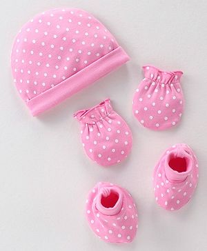 Babyhug 100% Cotton Knit Cap Mittens and Booties Polka Dot Print - Pink