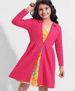 Hola Bonita Full Sleeves Jacket with Frock Floral Print - Pink & Yellow