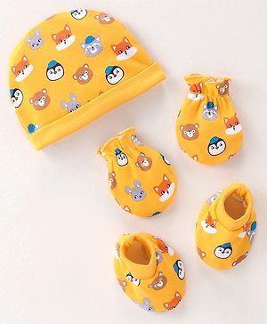 Babyhug 100% Cotton Knit Cap Mittens & Booties Set with Animal Print - Yellow