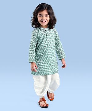 Babyhug 100% Cambric Full Sleeve Printed Kurta With Solid Dhoti Set - Light Green