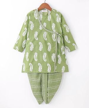 Babyhug Cotton Woven Solid Angarakha Full Sleeves Kurta Embroidered with Dhoti Set - Green