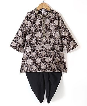 Babyhug 100% Cambric Full Sleeve Printed Kurta With Solid Dhoti Set - Black