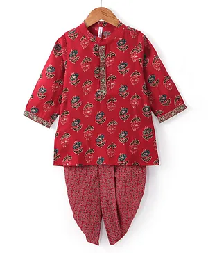 Babyhug Cotton Woven Full Sleeves  Printed Kurta & Dhoti Set - Red