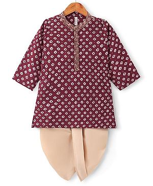 Babyhug 100% Cotton Full Sleeves Kurta With Dhoti Set With Ikat Print - Maroon & Beige