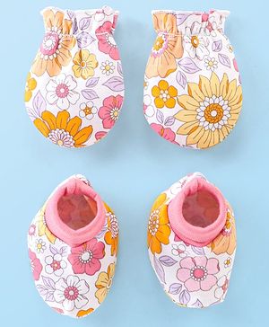 Babyhug 100% Cotton Knit Floral Print Mittens & Booties - Multicolour