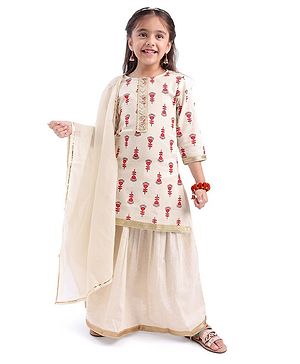 Babyhug 100% Cotton Three Fourth Sleeves Kurti Ghagra And Dupatta With Floral Print - Off White