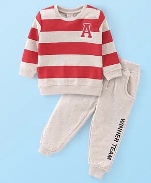 Babyhug Full Sleeves T-Shirt and Lounge Pant Stripes & Text Embroidery - Red & White