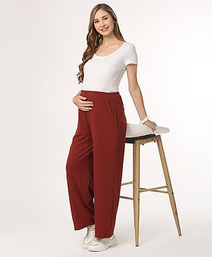 Bella Mama Cotton Elastane Full Length High Coverage Rib Knit Pant - Maroon