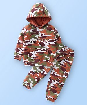 Babyhug 100% Cotton Full Sleeves T-Shirt & Lounge Pant Camouflage Print - Brown
