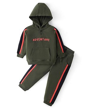 Babyhug Cotton Knit Full Sleeves Hoodie & Lounge Pant Set Text Print - Blue Orange & Green