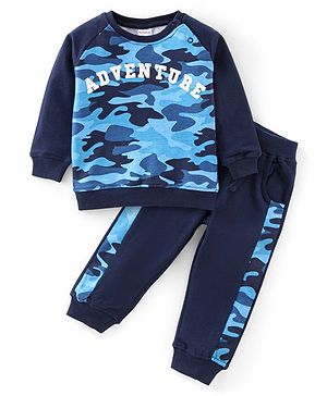 Babyhug 100% Cotton Knit Full Sleeves T-Shirt and Lounge Pant Camouflage Print - Blue