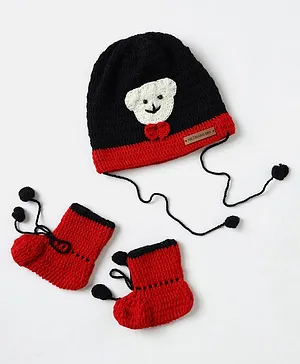 The Original Knit Handmade Striped Designed & Teddy Face Detailed Unisex Cap With Socks - Black & Red