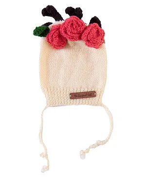 The Original Knit  Handmade Flower Applique Designed Cap - Off White & Red