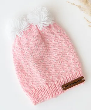The Original Knit Unisex Handmade  Self Design  & Pom Pom Detailed Cap -  Baby Pink & White