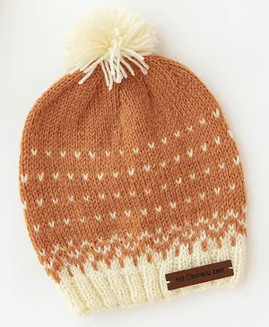 The Original Knit Unisex Handmade Self Design Cap -  Mustard Brown & Off White