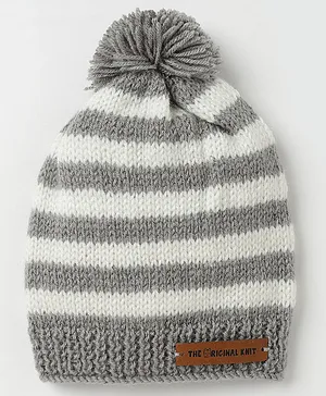 The Original Knit   Handmade Striped Pattern Unisex Cap - Grey & White