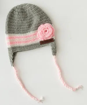 The Original Knit Handmade Flower Embellished Braided Cap - Grey & Pink