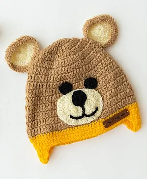 The Original Knit  Handmade Teddy  Face Detailed Unisex Cap - Beige & Yellow