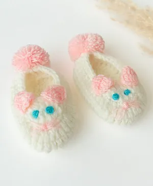 The Original Knit Handmade Mouse Face Detailed  Booties - Off White & Baby Pink