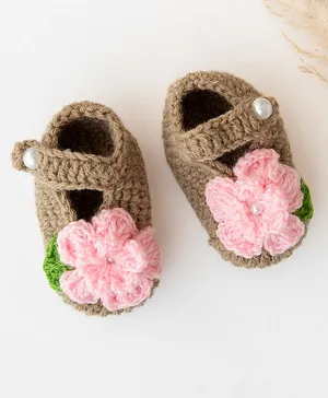 The Original Knit  Handmade Flower Embellished Booties - Beige & Baby Pink