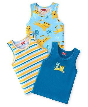 Babyhug 100% Cotton Sando With Leopard Print & Striped Pack Of 3 - Blue & Yellow