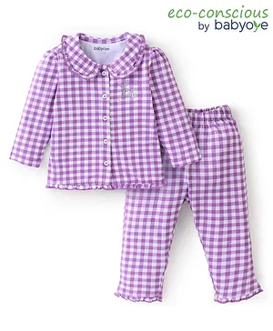 Babyoye Anti Bacterial Cotton Lycra Full Sleeves Checkered Night Suit - Lilac