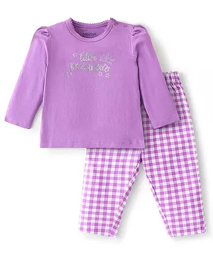 Babyoye Anti Bacterial Cotton Lycra Full Sleeves Checks & Text Printed Night Suit - Lilac