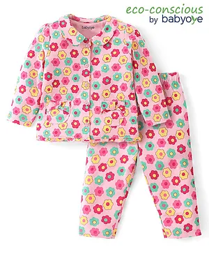 Babyoye Anti Bacterial Cotton Lycra Full Sleeves Night Suit With Floral Print - Pink