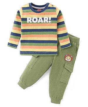 Babyhug 100% Cotton Knit Full Sleeves T-Shirt & Lounge Pants With Text Print & Striped - Blue & Green