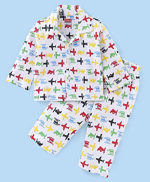 Babyhug Cotton Knit Full Sleeves Night Suit with Air Planes Print - White