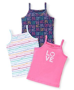 Babyhug 100% Cotton Sleeveless Slips Stripes & Text Print Pack of 3- Blue White & Pink