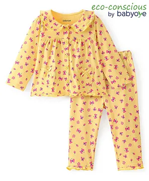 Babyoye Cotton Lycra Knit Full Sleeves Anti Bacterial Night Suit Butterfly Print - Yellow