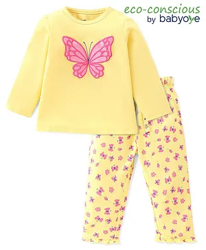 Babyoye Anti Bacterial Cotton Lycra Full Sleeves Night Suit With Butterfly Print - Yellow