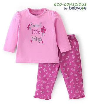 Babyoye Anti Bacterial Cotton Single Jersey Lycra Full Sleeves Night Suit Floral Print - Light Pink & Purple